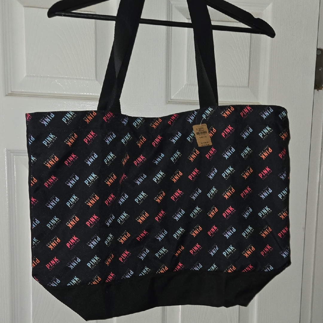 Pink Victorias Secret Black Tote With Multicolor Logo Print